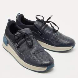 Bottega Veneta Navy Blue Leather and Fabric Intrecciato Lace Up Sneakers Size 42