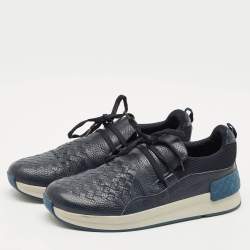 Bottega Veneta Navy Blue Leather and Fabric Intrecciato Lace Up Sneakers Size 42