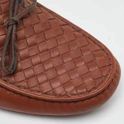 Pre Owned Bottega Veneta Brown Intrecciato Leather Cervo Wave Driver Bow Loafers Size 41.5