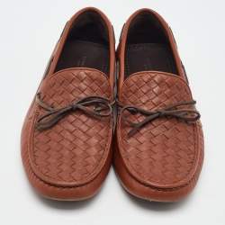 Pre Owned Bottega Veneta Brown Intrecciato Leather Cervo Wave Driver Bow Loafers Size 41.5