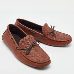 Pre Owned Bottega Veneta Brown Intrecciato Leather Cervo Wave Driver Bow Loafers Size 41.5