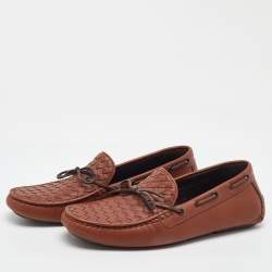 Pre Owned Bottega Veneta Brown Intrecciato Leather Cervo Wave Driver Bow Loafers Size 41.5