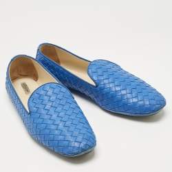Pre Owned Bottega Veneta Blue Intrecciato Leather Smoking Slippers Size 40