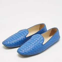 Pre Owned Bottega Veneta Blue Intrecciato Leather Smoking Slippers Size 40