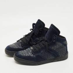 Pre Owned Bottega Veneta Navy Blue Suede and Intrecciato Leather High Top Sneakers Size 43