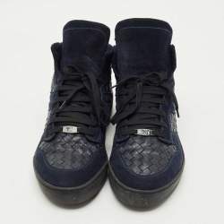 Pre Owned Bottega Veneta Navy Blue Suede and Intrecciato Leather High Top Sneakers Size 43