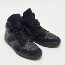 Pre Owned Bottega Veneta Navy Blue Suede and Intrecciato Leather High Top Sneakers Size 43
