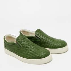 Pre Owned Bottega Veneta Green Intrecciato Leather Slip On Sneakers Size 42.5