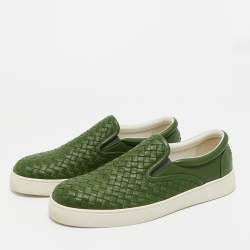Pre Owned Bottega Veneta Green Intrecciato Leather Slip On Sneakers Size 42.5