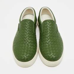 Pre Owned Bottega Veneta Green Intrecciato Leather Slip On Sneakers Size 42.5
