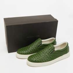 Pre Owned Bottega Veneta Green Intrecciato Leather Slip On Sneakers Size 42.5