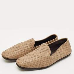 Pre Owned Bottega Veneta Brown Leather Intrecciato Smoking Slippers Size 42