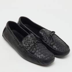 Pre Owned Bottega Veneta Black Intrecciato Leather Bow Slip On Loafers Size 41.5