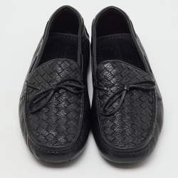 Pre Owned Bottega Veneta Black Intrecciato Leather Bow Slip On Loafers Size 41.5