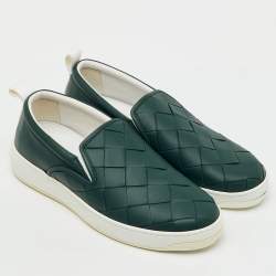Pre Owned Bottega Veneta Dark Green Leather Dodger Slip On Sneakers Size 46