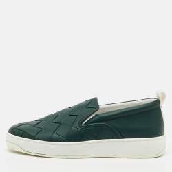 Pre Owned Bottega Veneta Dark Green Leather Dodger Slip On Sneakers Size 46