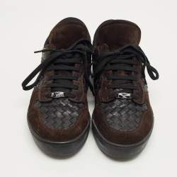 Pre Owned Bottega Veneta Black/Dark Brown Suede and Woven Leather Intrecciato Lace Up Sneakers Size 43