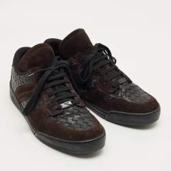 Pre Owned Bottega Veneta Black/Dark Brown Suede and Woven Leather Intrecciato Lace Up Sneakers Size 43