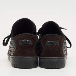 Pre Owned Bottega Veneta Black/Dark Brown Suede and Woven Leather Intrecciato Lace Up Sneakers Size 43