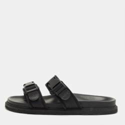 Pre Owned Bottega Veneta Black Fabric Logo Flat Slide Size 43