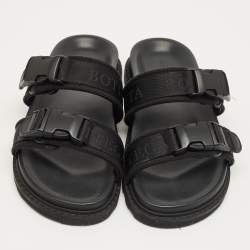 Pre Owned Bottega Veneta Black Fabric Logo Flat Slide Size 43