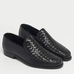 Pre Owned Bottega Veneta Black Leather Intrecciato Loafers Size 42