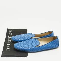 Pre Owned Bottega Veneta Blue Leather Intrecciato Smoking Slippers Size 40