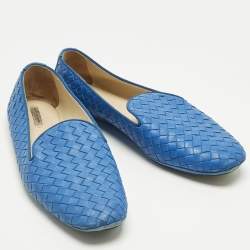 Pre Owned Bottega Veneta Blue Leather Intrecciato Smoking Slippers Size 40