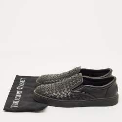 Pre Owned Bottega Veneta Size 40.5 Black Intrecciato Leather Slip On Sneakers