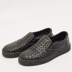 Pre Owned Bottega Veneta Size 40.5 Black Intrecciato Leather Slip On Sneakers