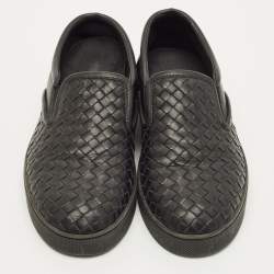 Pre Owned Bottega Veneta Size 40.5 Black Intrecciato Leather Slip On Sneakers