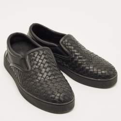 Pre Owned Bottega Veneta Size 40.5 Black Intrecciato Leather Slip On Sneakers