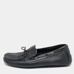 Pre Owned Bottega Veneta Intrecciato Size 41 Navy Blue Intrecciato Leather Bow Slip On Loafers