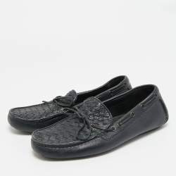 Pre Owned Bottega Veneta Intrecciato Size 41 Navy Blue Intrecciato Leather Bow Slip On Loafers