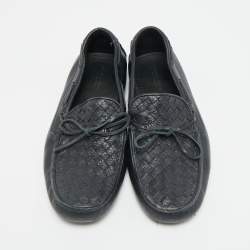 Pre Owned Bottega Veneta Intrecciato Size 41 Navy Blue Intrecciato Leather Bow Slip On Loafers