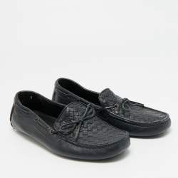 Pre Owned Bottega Veneta Intrecciato Size 41 Navy Blue Intrecciato Leather Bow Slip On Loafers