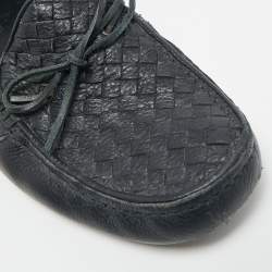 Pre Owned Bottega Veneta Intrecciato Size 41 Navy Blue Intrecciato Leather Bow Slip On Loafers