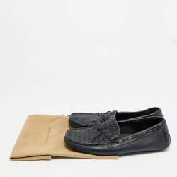 Pre Owned Bottega Veneta Intrecciato Size 41 Navy Blue Intrecciato Leather Bow Slip On Loafers