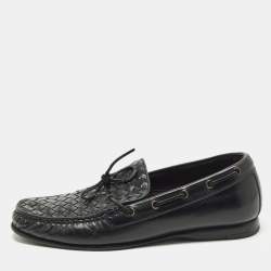 مملوكة مسبقًا Bottega Veneta Size 42 Black Intrecciato Leather Bow Slip On Loafers