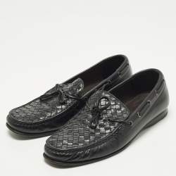 مملوكة مسبقًا Bottega Veneta Size 42 Black Intrecciato Leather Bow Slip On Loafers