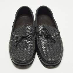 مملوكة مسبقًا Bottega Veneta Size 42 Black Intrecciato Leather Bow Slip On Loafers