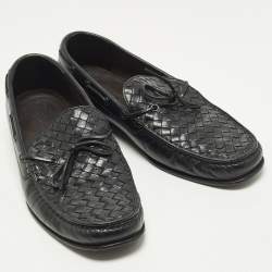 مملوكة مسبقًا Bottega Veneta Size 42 Black Intrecciato Leather Bow Slip On Loafers