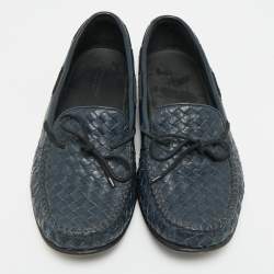 Pre Owned Bottega Veneta Size 44 Navy Blue Intrecciato Leather Bow Loafers