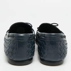 Pre Owned Bottega Veneta Size 44 Navy Blue Intrecciato Leather Bow Loafers