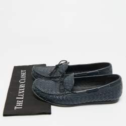 Pre Owned Bottega Veneta Size 44 Navy Blue Intrecciato Leather Bow Loafers