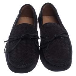 Pre Owned Bottega Veneta Black Intrecciato Suede Bow Slip On Loafers Size 40