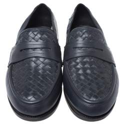 مملوكة مسبقًا Bottega Veneta Blue Intrecciato Leather Penny Loafers Size 40