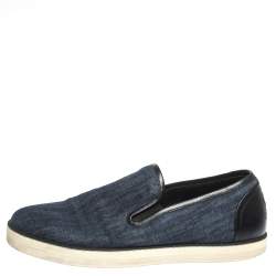 Pre Owned Bottega Veneta Blue Denim And Black Leather Trim Slip On Sneakers Size 40