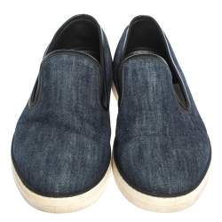 Pre Owned Bottega Veneta Blue Denim And Black Leather Trim Slip On Sneakers Size 40