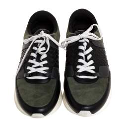 Bottega Veneta Black Intrecciato Leather and Green Suede Sneakers Size 41